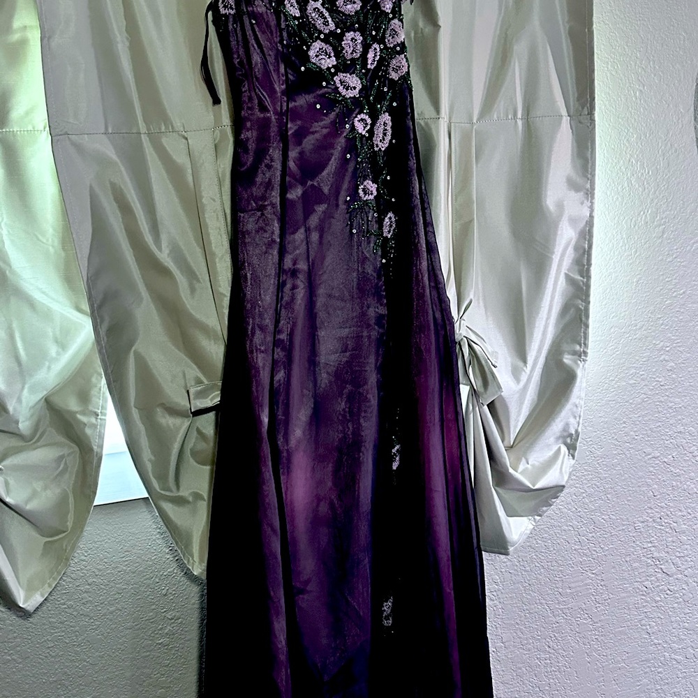 Anna Scott formal dress in plumb with pink under layer.